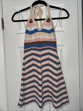 Streetwear Society Striped Crochet Halter Dress in Cream, Pink, Blue & Brown